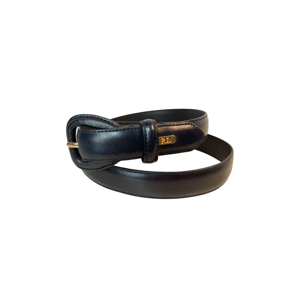 Ralph Lauren Genuine Leather Belt Navy Blue Buckle RL Logo 7/8”W Sz S